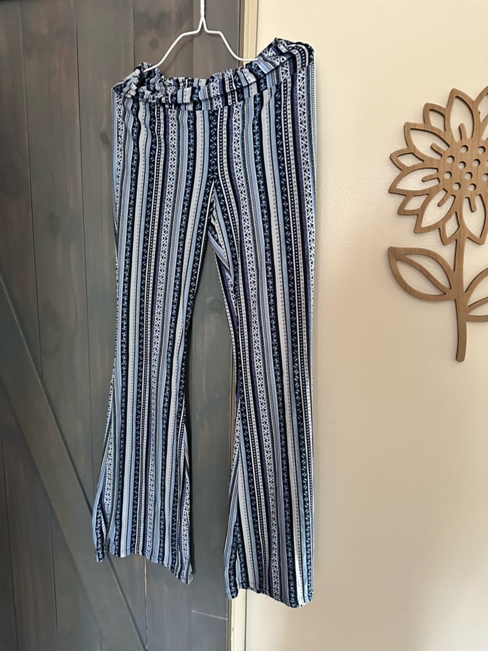 No Boundaries Navy and White Striped Elastic-Waist Flare Pants